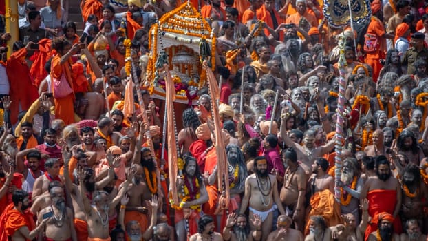 Haridwar, Uttarakhand.India- March 05, 2021- Indian saints or sadhus trail at Indian largest gathering religious Festival Kumbh Mela, Haridwar India, . High-quality 4k