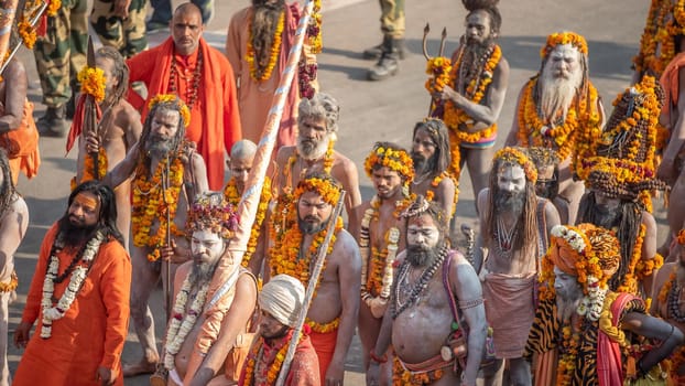 Haridwar, Uttarakhand. India- March 5, 2021- Indian sadhus coming to Kumbh Mela, Royal welcome. Sadhus sitting in rides, wearing a garland,