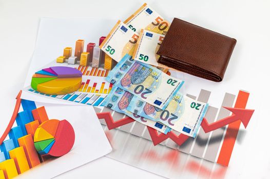 20 and 50 euro banknotes with graphs and portfolios on a white background