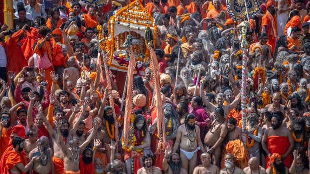 Haridwar, Uttarakhand.India- March 05, 2021- Indian saints or sadhus trail at Indian largest gathering religious Festival Kumbh Mela, Haridwar India