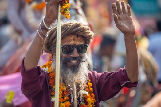 Haridwar, Uttarakhand. India- March 5, 2021- Indian sadhus coming to Kumbh Mela, Royal welcome. Sadhus sitting in rides, wearing a garland