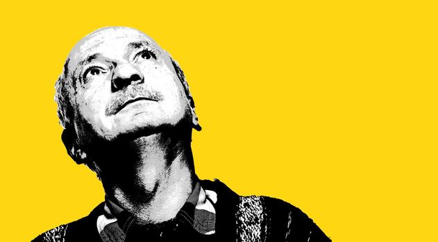 High contrast image of an elderly man. Black white image with yellow background. Contemporary art and poster style image with copy space.