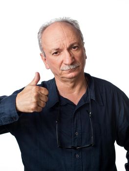 Successful man shows ok sigh on white background