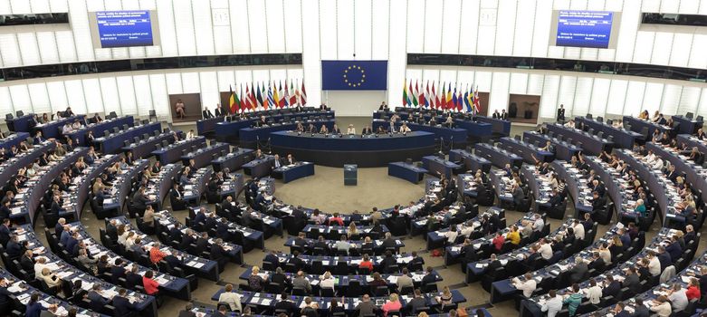 STRASBOURG, FRANCE - 18 Jul 2019: Plenary room of the European Parliament in Strasbourg