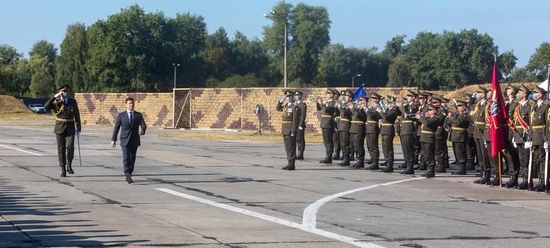 VASYLKIV, UKRAINE - Aug. 23, 2020: President of Ukraine Volodymyr Zelensky took part in the ceremony of raising the State Flag of Ukraine at the military airfield in Vasylkiv, Kyiv region