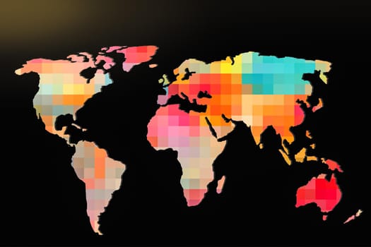 Roughly outlined world map with a colorful background patterns