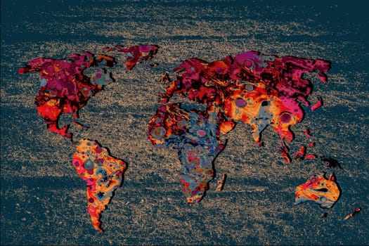 Roughly outlined world map with a colorful background patterns