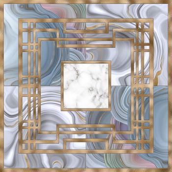 abstract art deco marble agate fluid geometric background. Pink grey marble agate, gold. Artificial stone, marbled tile, fashion marbling with gold frame. illustration