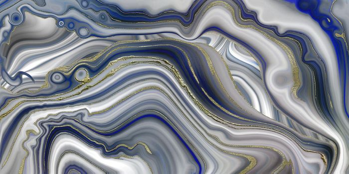 Agate marble stone abstract texture, pastel blue with gold veins. Modern colourful flow marble agate fluid poster. Wave Liquid shape marbled surface. Horizontal illustration