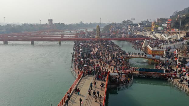 Pilgrims Holy dip in river Ganges, The Home of Pilgrims in India, Kumbh Nagri Haridwar Uttarakhand India.Religious Nagri Haridwar, The Highly visited pilgrimage place in India. City of Holy River Ganga. High quality photo