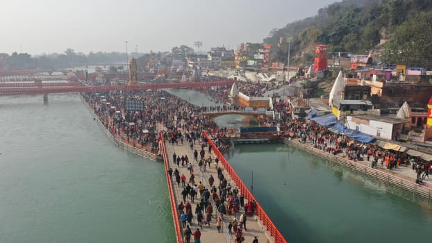 Pilgrims Holy dip in river Ganges, The Home of Pilgrims in India, Kumbh Nagri Haridwar Uttarakhand India.Religious Nagri Haridwar, The Highly visited pilgrimage place in India. City of Holy River Ganga. High quality photo