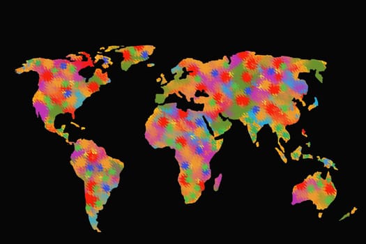 Roughly outlined world map with a colorful background patterns