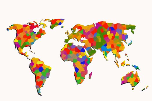 Roughly outlined world map with a colorful background patterns