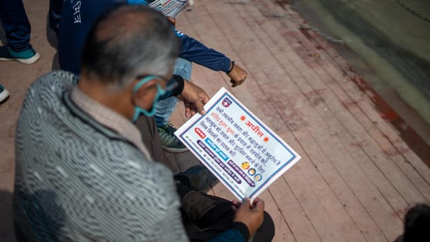 Haridwar, Uttarakhand India April 06, 2021. Policemen spreading awareness of protection from Coronavirus to stay safe from Coronavirus during Maha Kumbh 2021. Apple prores 422 High-quality 4k footage.