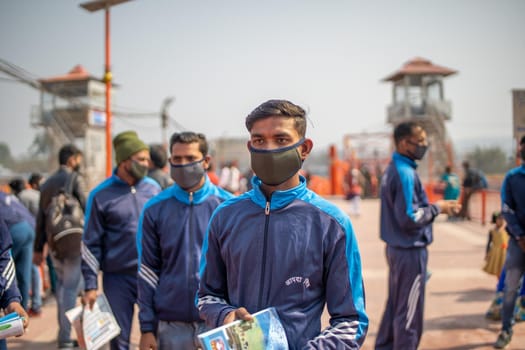 Haridwar, Uttarakhand India April 06, 2021. Policemen spreading awareness of protection from Coronavirus to stay safe from Coronavirus during Maha Kumbh 2021. Apple prores 422 High-quality 4k footage.