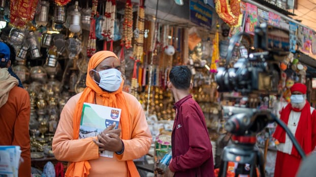 Haridwar, Uttarakhand.India- March 05 2021- Indian saints at largest gathering festival Kumbh mela at Haridwar, Uttarakhand, India, wearing Coronavirus protection mask, Appleprores422 4k Cinetone High quality 4k footage