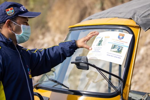 Haridwar, Uttarakhand India April 06, 2021. Policemen spreading awareness of protection from Coronavirus to stay safe from Coronavirus during Maha Kumbh 2021. Apple prores 422 High-quality 4k footage.