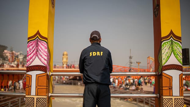 Haridwar, Uttarakhand India April 06, 2021. Policemen spreading awareness of protection from Coronavirus to stay safe from Coronavirus during Maha Kumbh 2021. Apple prores 422 High-quality 4k footage.