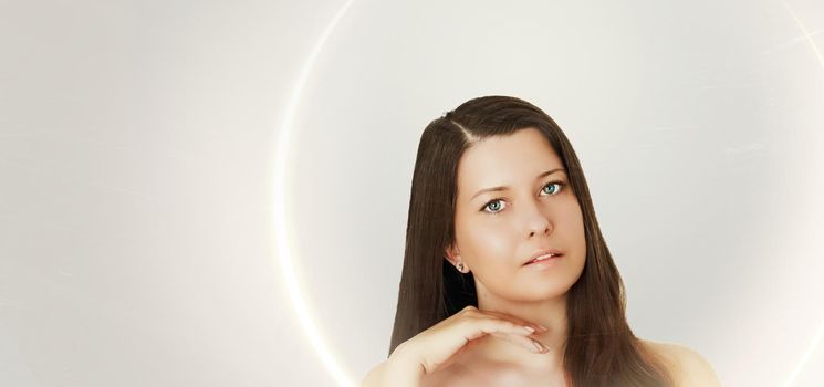 Suntan skin tone and beauty routine. Beautiful brunette female model with natural tan, face portrait of young woman.