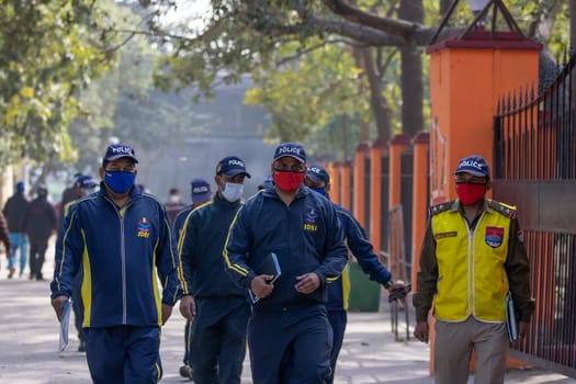 Haridwar, Uttarakhand India April 06, 2021. Policemen spreading awareness of protection from Coronavirus to stay safe from Coronavirus during Maha Kumbh 2021. Apple prores 422 High-quality 4k footage.