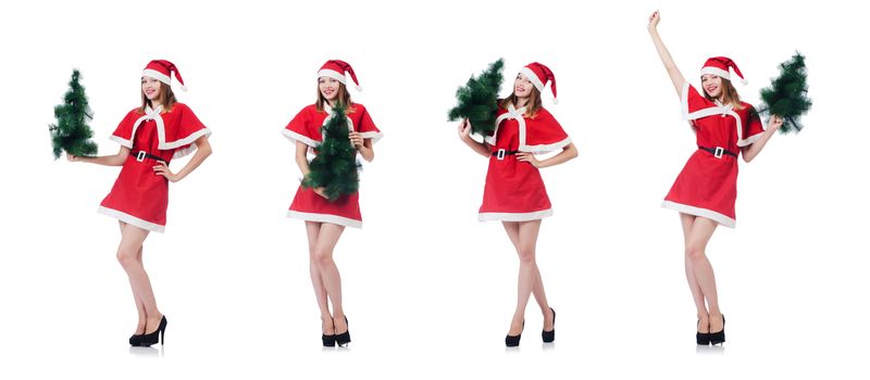 Young woman in red santa costume on white