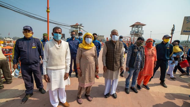 Haridwar, Uttarakhand India April 06, 2021. Policemen spreading awareness of protection from Coronavirus to stay safe from Coronavirus during Maha Kumbh 2021. Apple prores 422 High-quality 4k footage.