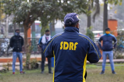 Haridwar, Uttarakhand India April 06, 2021. Policemen spreading awareness of protection from Coronavirus to stay safe from Coronavirus during Maha Kumbh 2021. Apple prores 422 High-quality 4k footage.