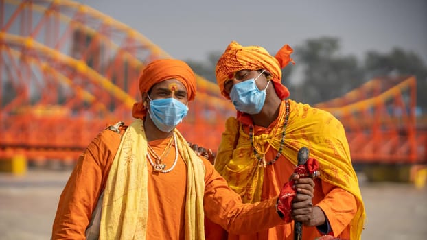 Haridwar, Uttarakhand.India- March 05 2021- Indian saints at largest gathering festival Kumbh mela at Haridwar, Uttarakhand, India, wearing Coronavirus protection mask, Appleprores422 4k Cinetone High quality 4k footage