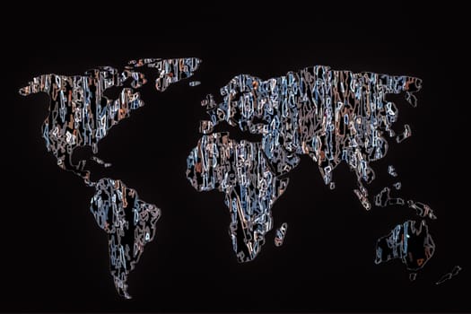 Roughly outlined world map with a colorful background patterns