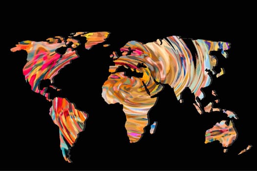 Roughly outlined world map with a colorful background patterns