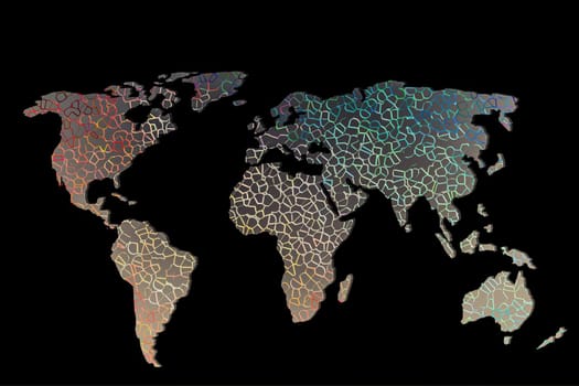 Roughly outlined world map with a colorful background patterns