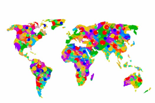 Roughly outlined world map with a colorful background patterns