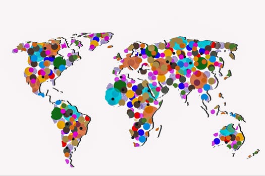 Roughly outlined world map with a colorful background patterns