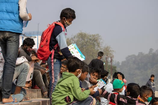 Haridwar, Uttarakhand India April 06, 2021. Policemen spreading awareness of protection from Coronavirus to stay safe from Coronavirus during Maha Kumbh 2021. Apple prores 422 High-quality 4k footage.