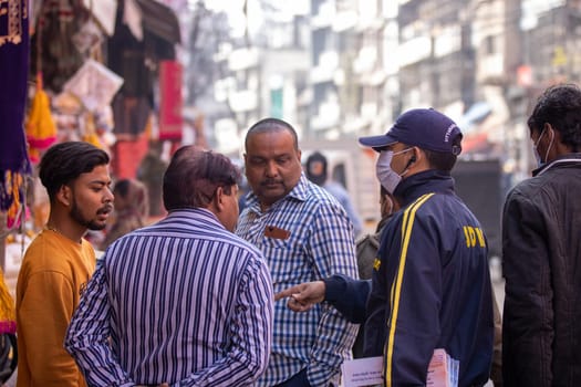 Haridwar, Uttarakhand India April 06, 2021. Policemen spreading awareness of protection from Coronavirus to stay safe from Coronavirus during Maha Kumbh 2021. Apple prores 422 High-quality 4k footage.