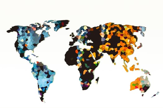 Roughly outlined world map with a colorful background patterns