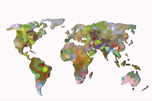 Roughly outlined world map with a colorful background patterns