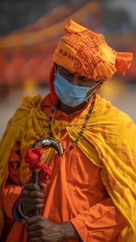 Haridwar, Uttarakhand.India- March 05 2021- Indian saints at largest gathering festival Kumbh mela at Haridwar, Uttarakhand, India, wearing Coronavirus protection mask, Appleprores422 4k Cinetone High quality 4k footage