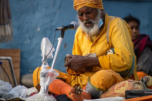 Haridwar, Uttarakhand.India- March 05 2021- Indian saints at largest gathering festival Kumbh mela at Haridwar, Uttarakhand, India, wearing Coronavirus protection mask, Appleprores422 4k Cinetone High quality 4k footage