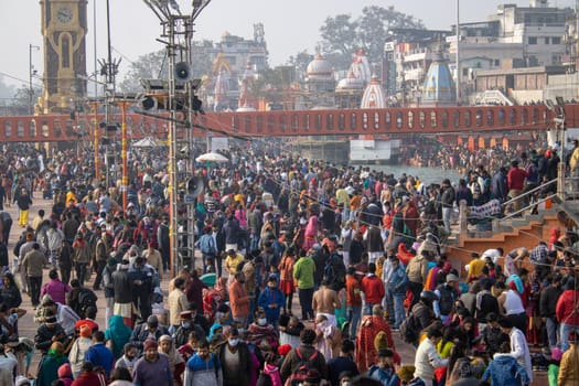 Haridwar, Uttarakhand, India, April 14, 2021. Pilgrims Holy dip in river Ganges, The Home of Pilgrims in India, Kumbh Nagri Haridwar Uttarakhand India.Religious Nagri Haridwar, The Highly visited pilgrimage place in India. City of Holy River Ganga. High quality photo