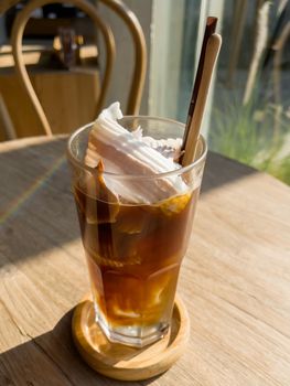 A glass of iced americano with coconut juice, stock photo