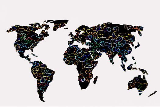 Roughly outlined world map with a colorful background patterns