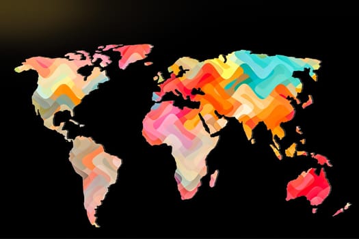 Roughly outlined world map with a colorful background patterns