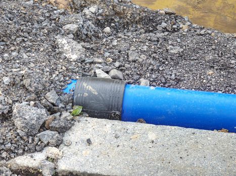 Black welding connection point for leakness. Installation of underground pipes for water