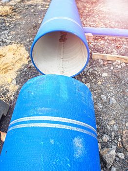 Large diameter pipe. Pipes of PVC large diameter prepared for laying on construction site