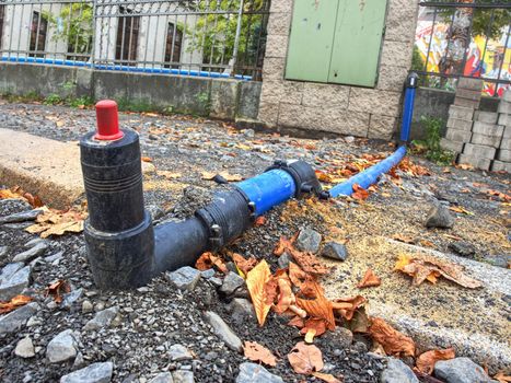 HDPE blue tube connected by black bent part  to city drinking water supply system.