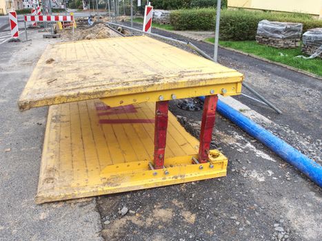Steel Desk Formwork Around Water Tube. Preparation for pouring slab for concrete filling. Potable water system for small town.