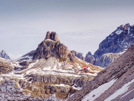 Panorama view of Dolomites Alpine peaks.  South Tyrol region.  Beautiful nature of Italy.