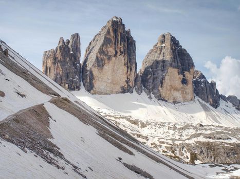 Beautiful view of high towers in Italy Alps, Tre Cime Di Lavaredo, Dolomites, Europe