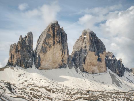 Great view of alpine Tre Cime di Lavaredo massif. Location National Park, Dolomiti South Tyrol, Italy, Europe.
